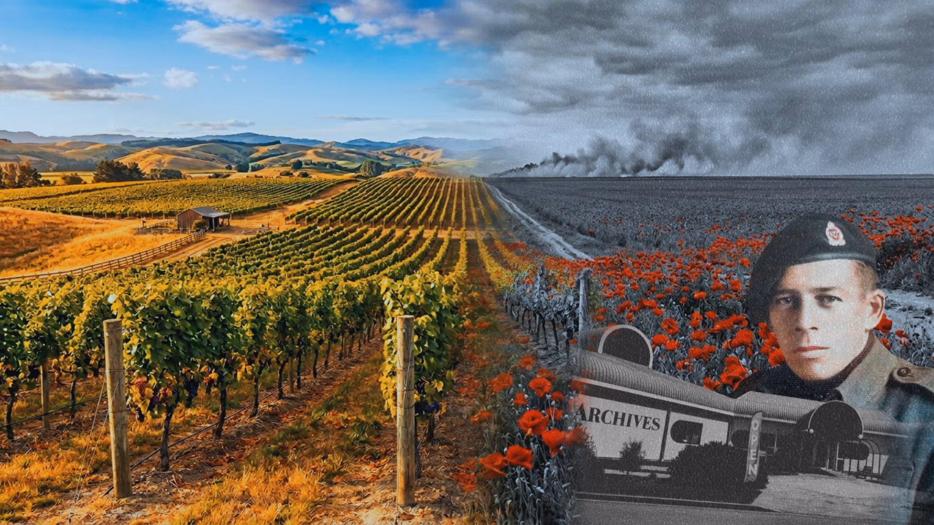 Panoramic artwork showing Marlborough vineyards and hills in colour fading to black-and-white WWII battlefields, overlaid with a soldier's portrait and the museum building.
